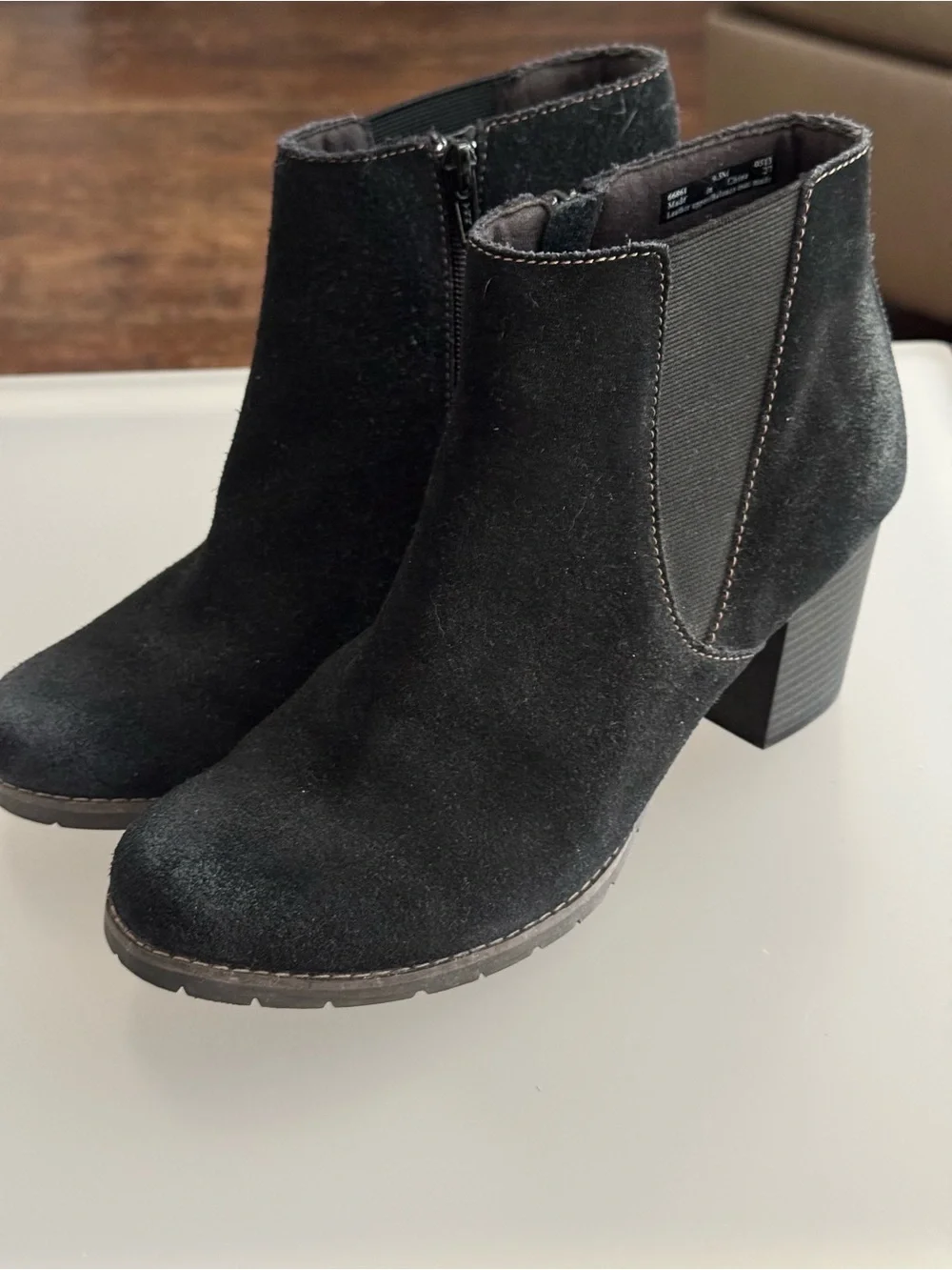 Clarks Black Suede Ankle Booties with Block Heel